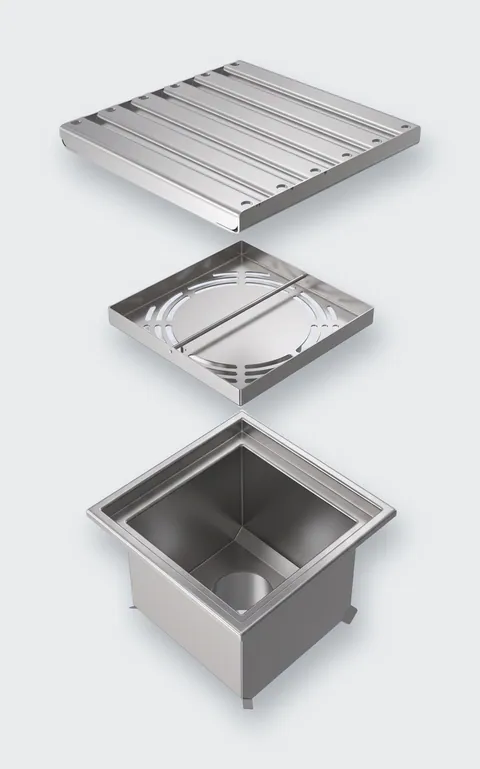 Ralo inox com saída inferior em vista explodida