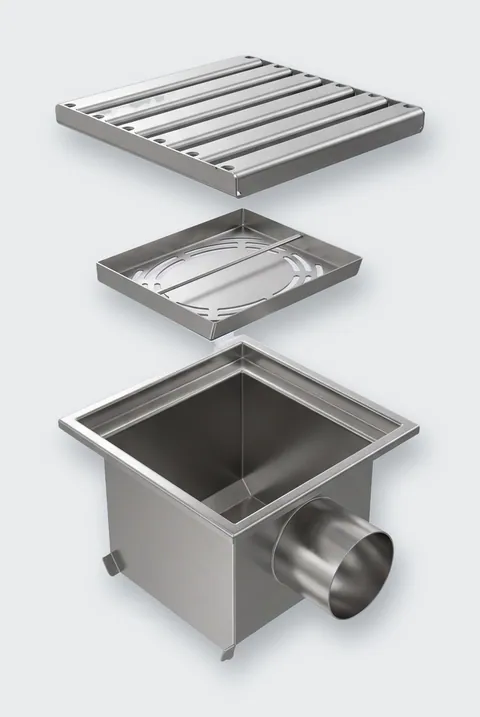 Ralo inox com grelha de barras em vista explodida
