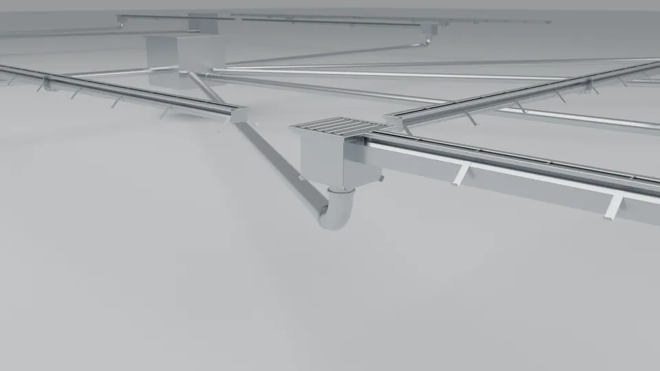 Ralo sifonado inox com curva de saída e tubo inox de interligação ligado à canaleta de fenda
